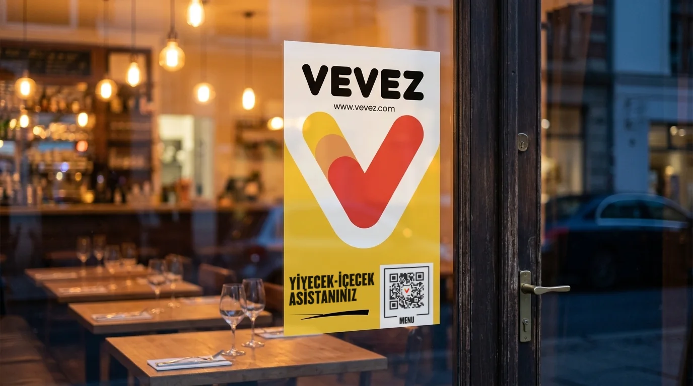 Akşamüstü bir restoranın cam kapısında Vevez etiketi; içeride sıcak ışıklı, kurulu masalar